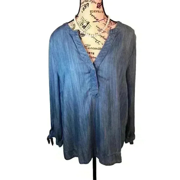 Crown And Ivy XL Blue Denim Chambray Blouse Tie Sleeves V-Neck Lyocell - Picture 1 of 7